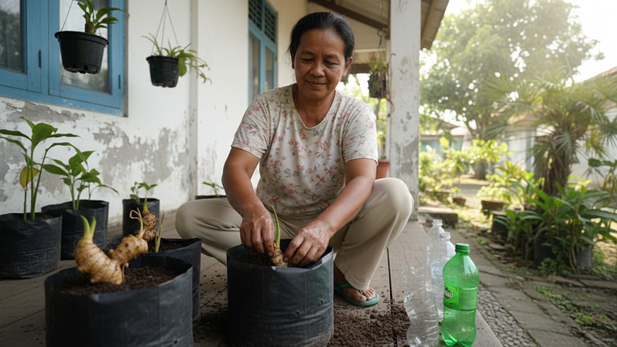 Aktivitas menanam jahe di polybag di teras rumah, solusi kebun rempah praktis