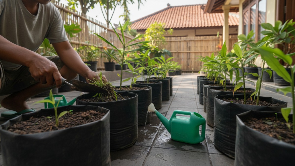 Perawatan jahe polybag dengan penyiraman rutin dan penyiangan gulma.