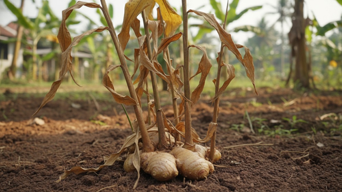 Jahe siap panen usia empat bulan dengan daun menguning dan batang mengering.