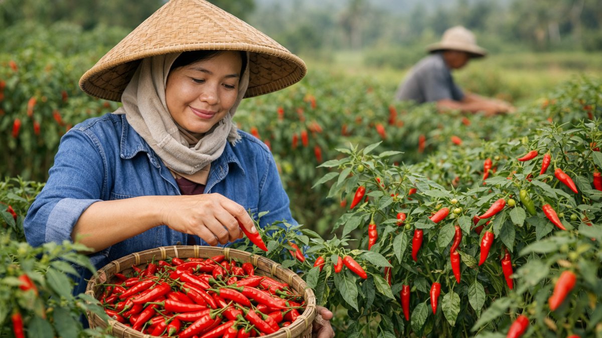 Panen cabai rawit merah cerah dengan teknik petik rutin untuk hasil berkelanjutan.