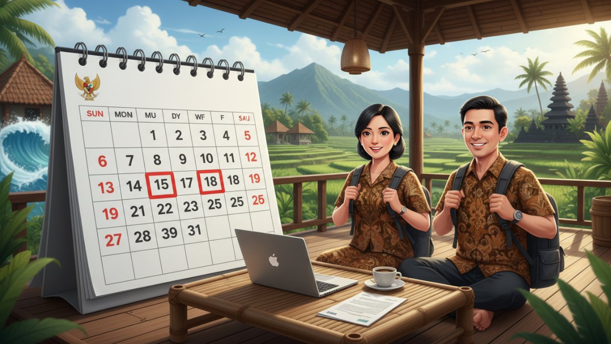 Ilustrasi kalender Maret 2026 dengan penanda WFA dan cuti bersama Lebaran, gambarkan libur panjang Idul Fitri 1447 H