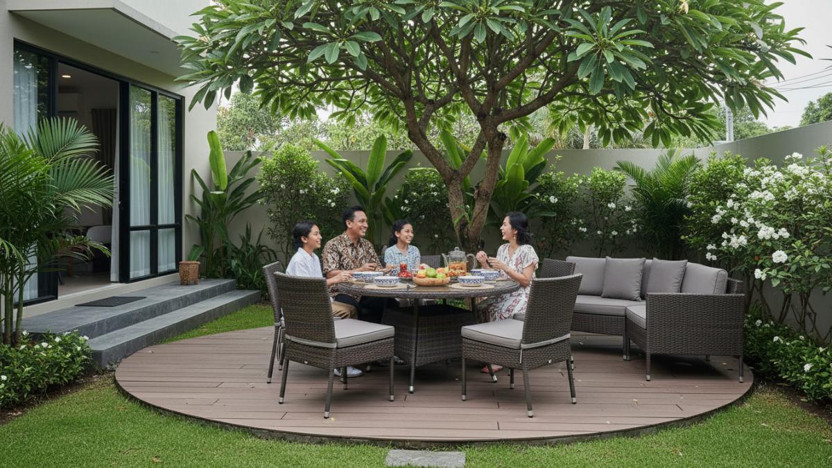 Vertical garden dan tanaman peneduh menambah kesejukan di ruang makan outdoor.