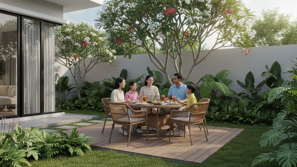 Furnitur rotan sintetis stylish dan nyaman di taman hijau.