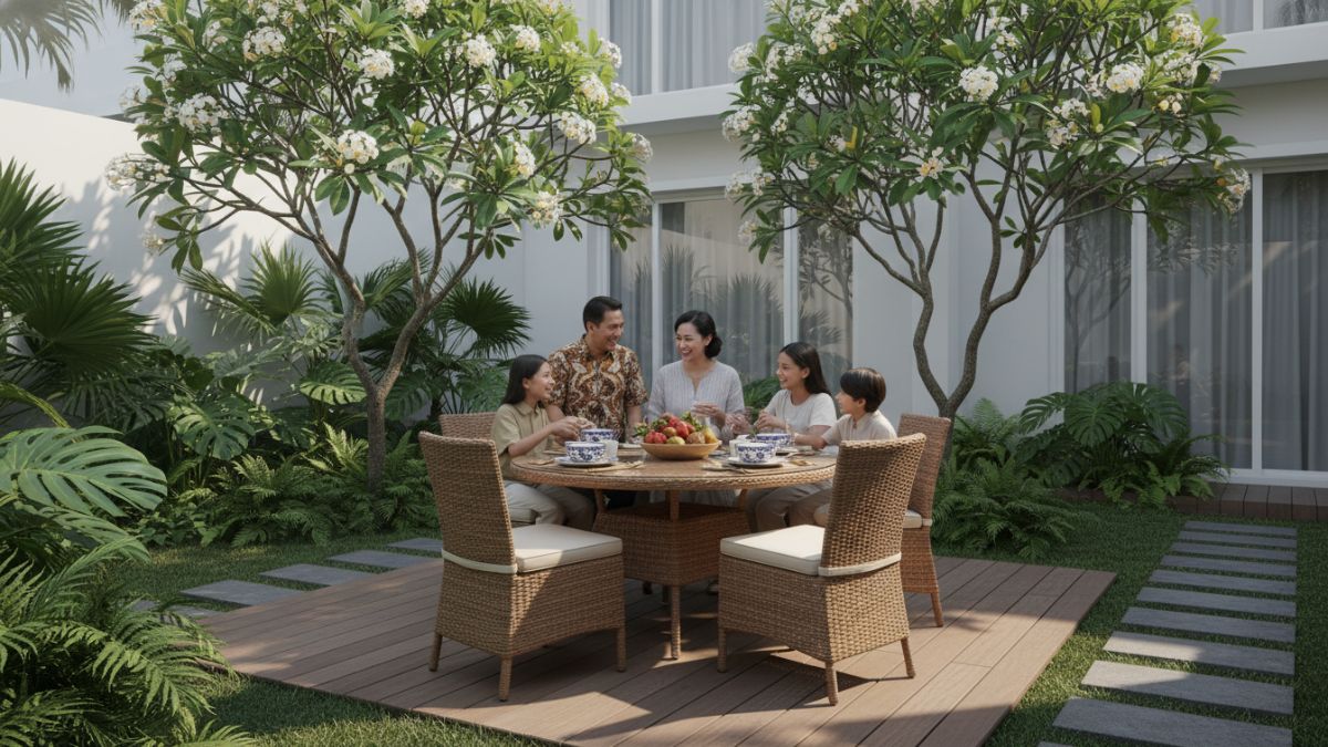 Keluarga menikmati makan santai di ruang makan outdoor yang adem dan hijau.