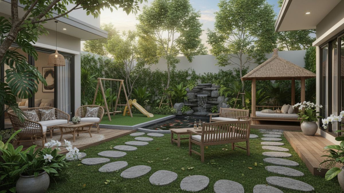 Taman rumah multifungsi dengan area duduk, jalur paving, dan zona tanaman tertata rapi