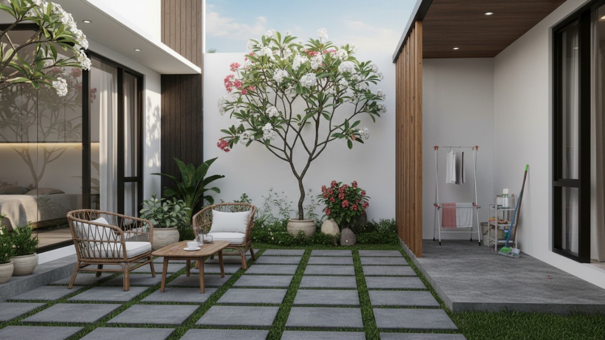 Contoh zonasi taman dengan area santai dan area servis terpisah
