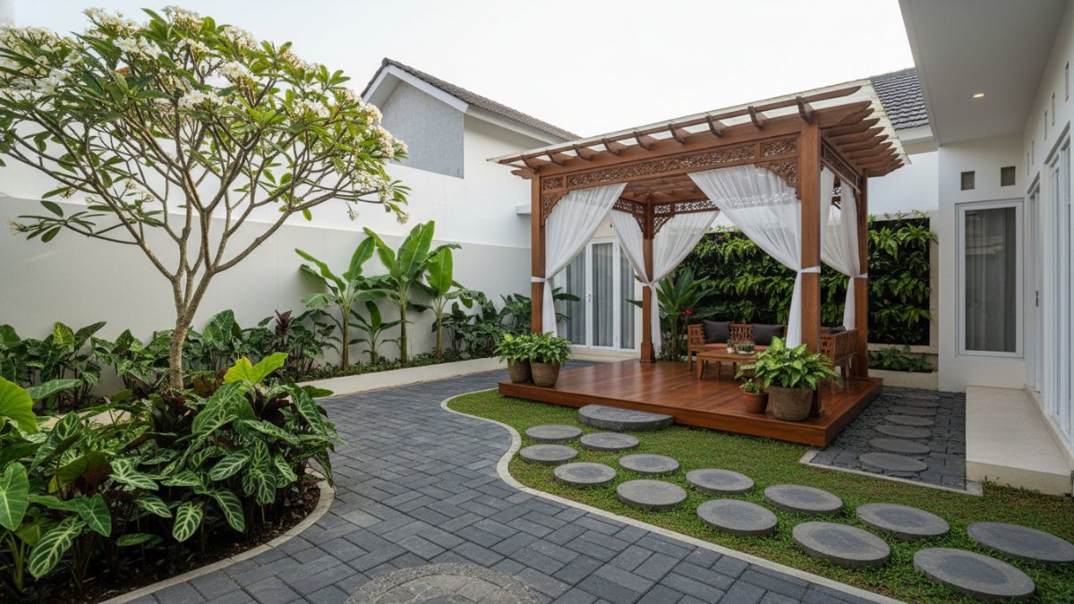 Kombinasi hardscape paving dan softscape tanaman hijau