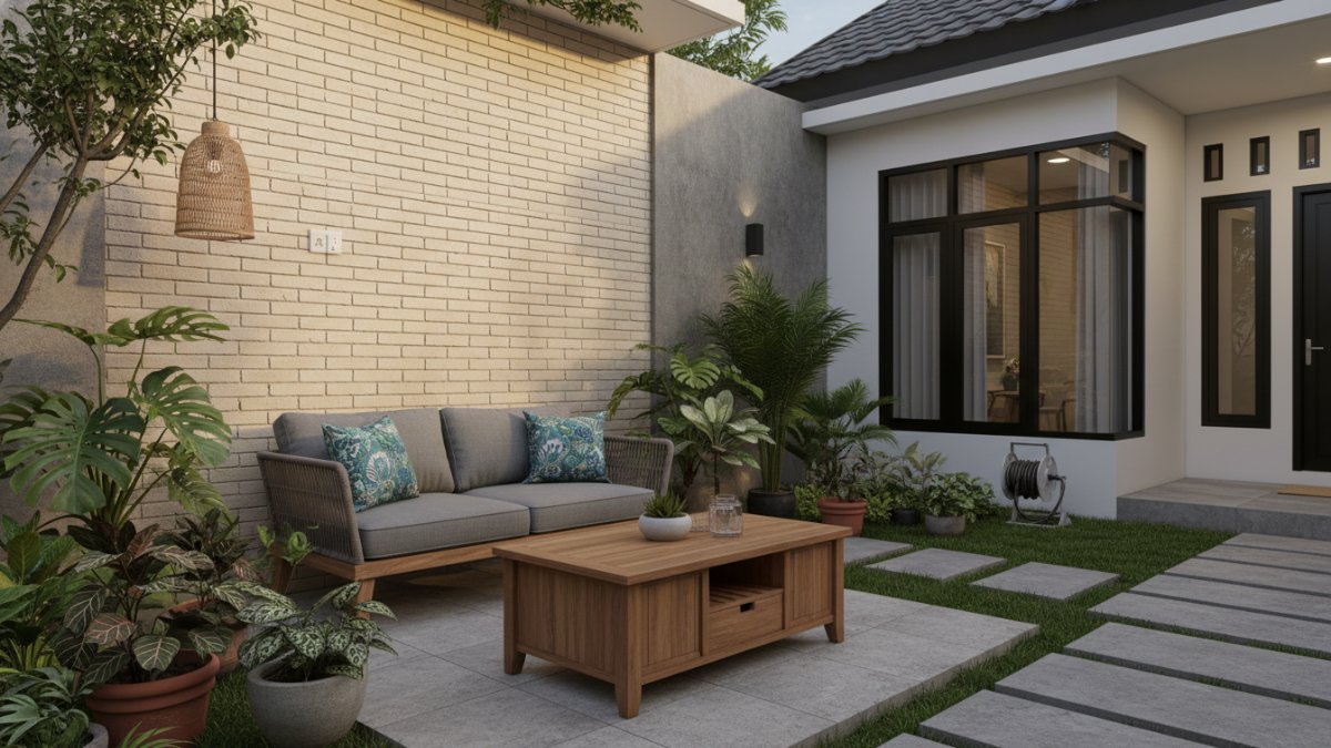 Area taman dengan furnitur outdoor dan akses kran air