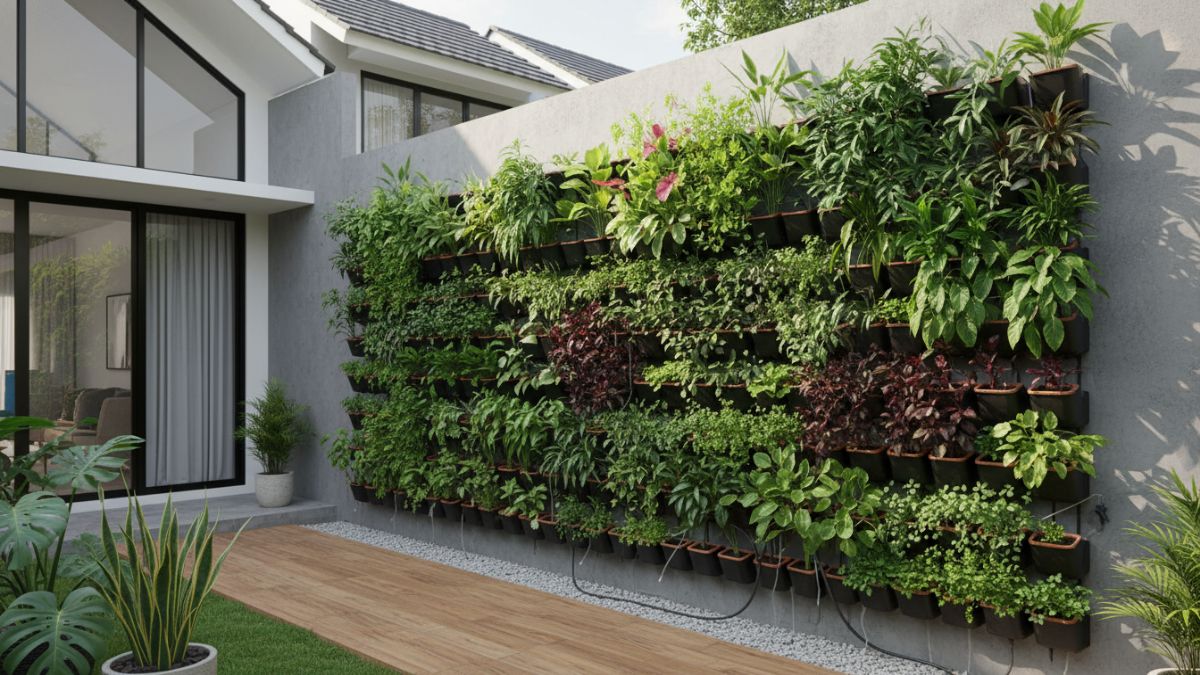 Gambar utama: Vertical garden rumah di dinding dengan modul hijau rapi dan segar