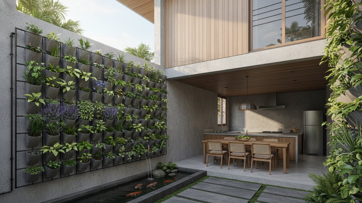 Struktur rangka dan panel vertical garden terpasang di tembok rumah