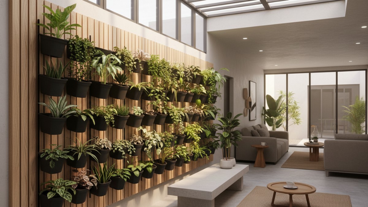 Contoh lokasi dinding timur dengan cahaya pagi untuk vertical garden