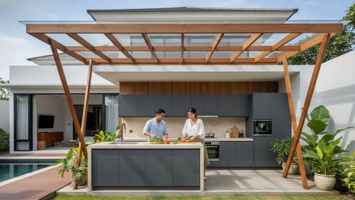Detail kanopi melindungi kabinet dapur dari paparan panas dan hujan.