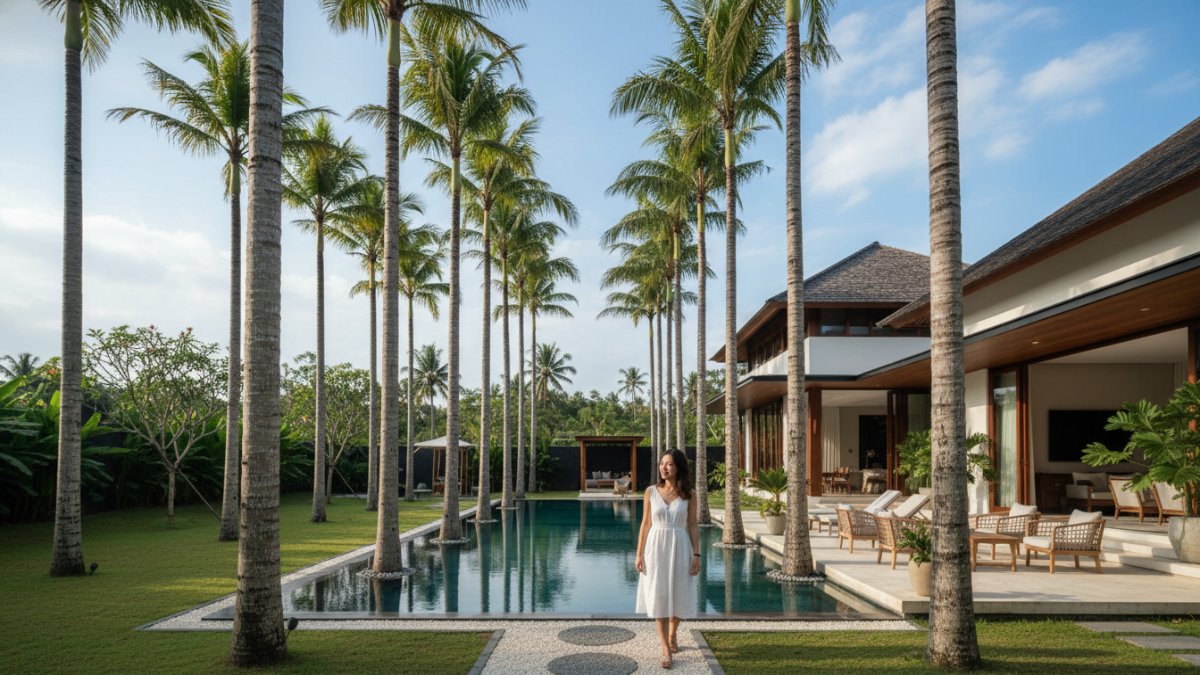 Deretan pohon palem tertata rapi di taman rumah tropis modern dengan komposisi proporsional.