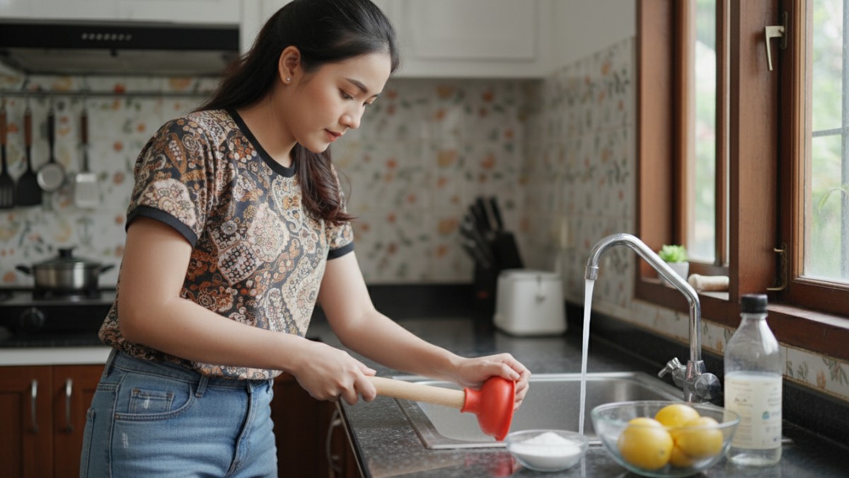 Proses membersihkan pipa wastafel dapur dengan alat manual dan bahan alami agar saluran air tetap lancar.