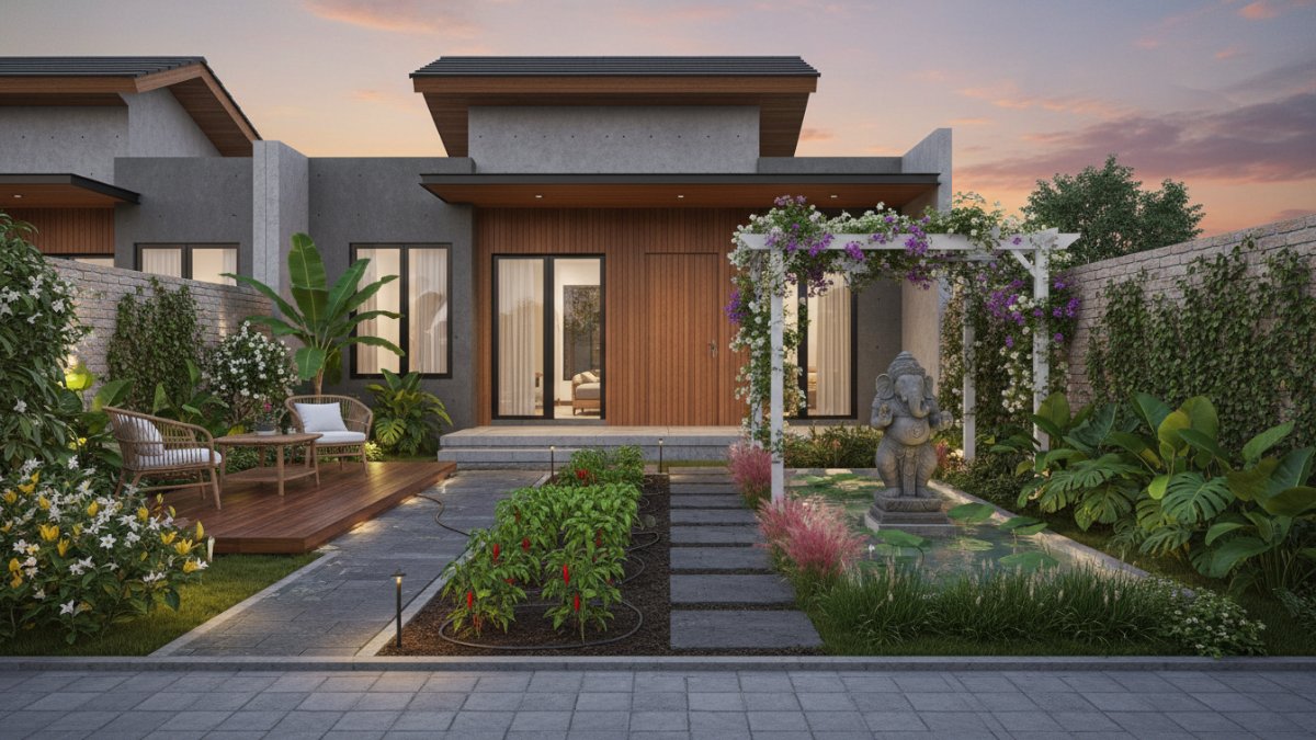 Zona taman duduk dengan kombinasi paving dan vegetasi sesuai fungsi ruang
