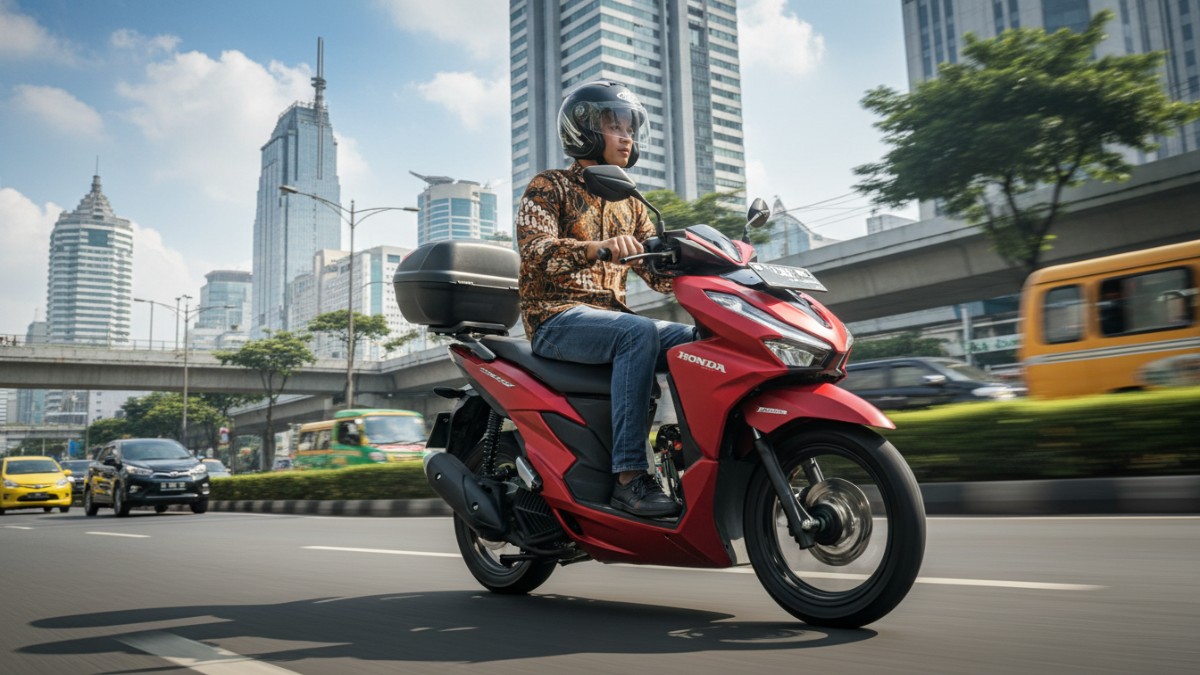 Skuter matik Honda digunakan mobilitas harian di jalan kota sebagai simbol efisiensi transportasi.