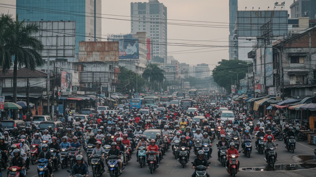 Lalu lintas perkotaan dengan dominasi sepeda motor sebagai transportasi utama.