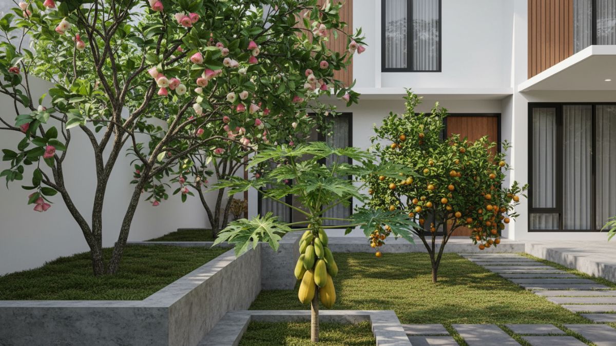Pekarangan rumah tropis dengan tanaman buah cepat panen yang tertata rapi dan produktif.