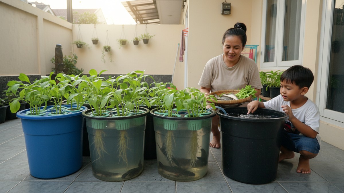 Contoh kangkung tumbuh di net pot dengan akar menjuntai ke air.