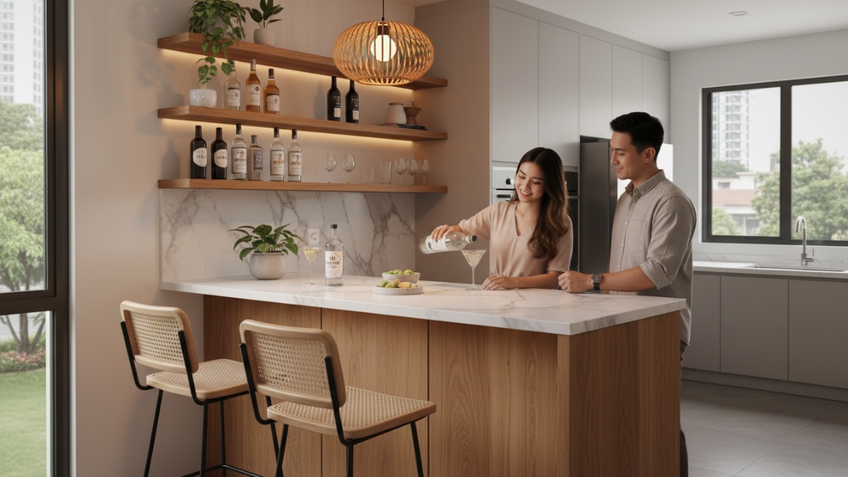 Desain meja mini bar modern di sudut dapur dengan pencahayaan hangat dan rak terbuka estetik.