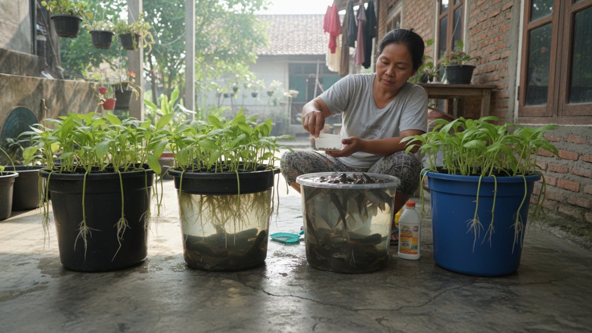 Aktivitas pemberian pakan ikan di ember budikdamber.