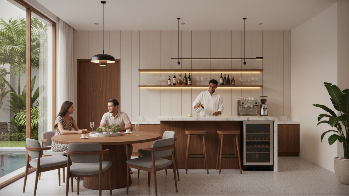 Mini bar ditempatkan dekat ruang makan untuk fungsi ganda dan sirkulasi lancar.