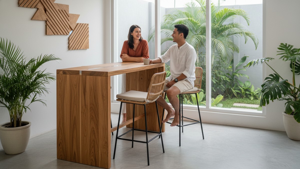 Ilustrasi ukuran tinggi meja mini bar ergonomis dengan kursi bar proporsional.