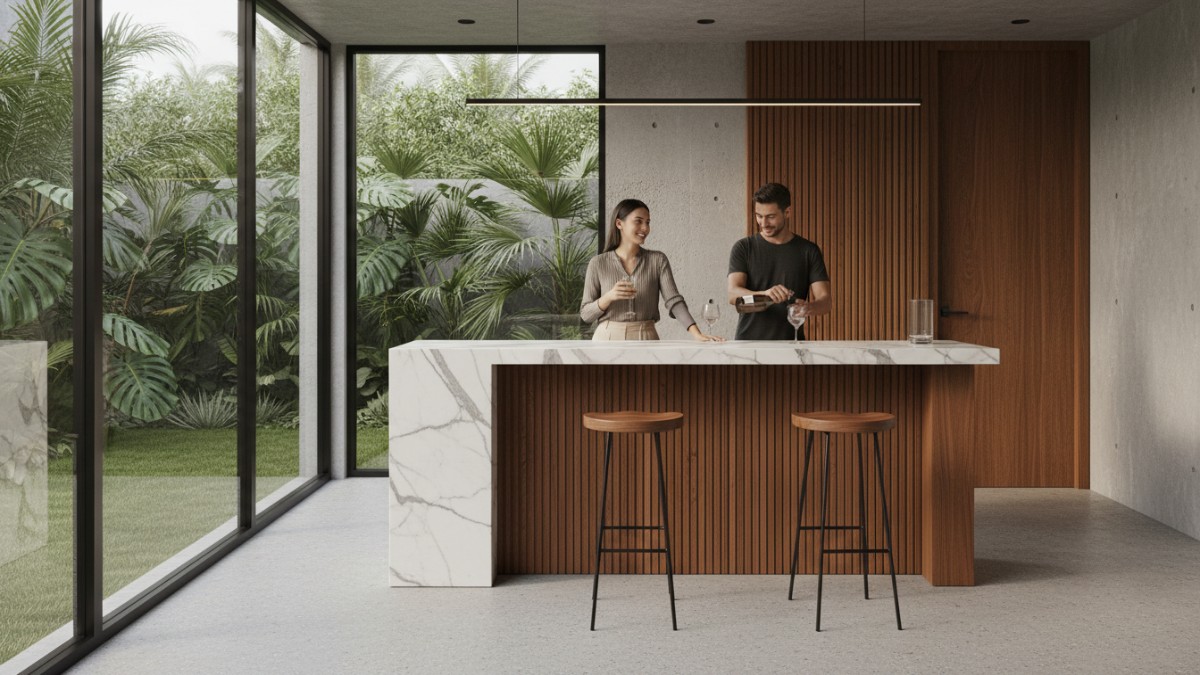Kombinasi material kayu dan marmer pada meja mini bar modern.