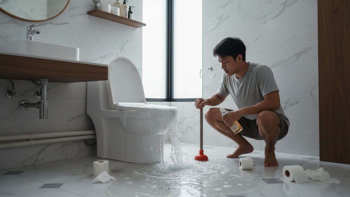 Gambar Utama: Ilustrasi perbaikan WC mampet dengan plunger di kamar mandi rumah, teknik dasar yang efektif, Cess.