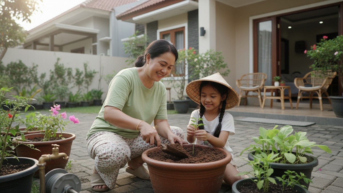 Aktivitas menanam tanaman di pot dengan media tanam gembur di halaman rumah.