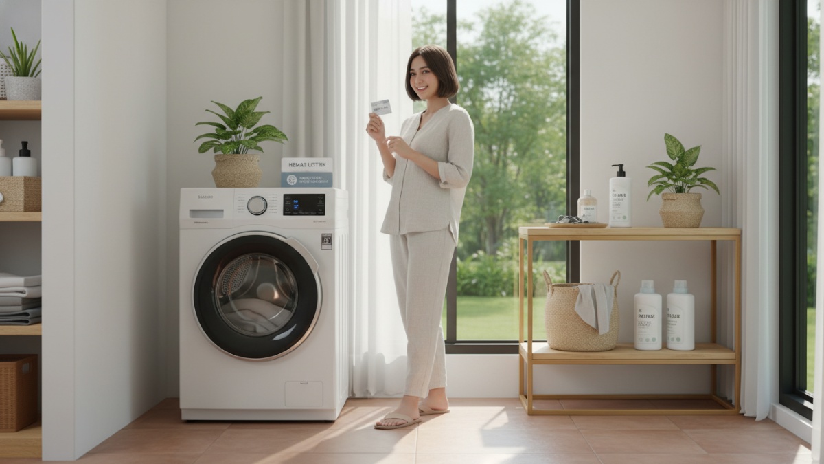 Ilustrasi mesin cuci hemat listrik dengan teknologi inverter di ruang laundry rumah modern, solusi cerdas kurangi tagihan bulanan.