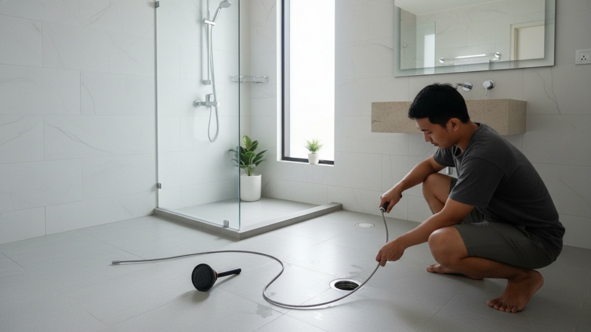 Plumbing snake dimasukkan ke pipa untuk menembus sumbatan dalam.