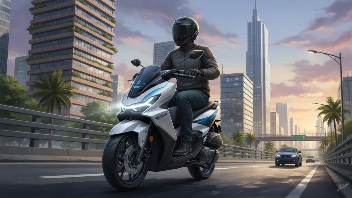 Ilustrasi pengendara motor modern melintasi jalan kota, menggambarkan mobilitas harian yang efisien dan nyaman.