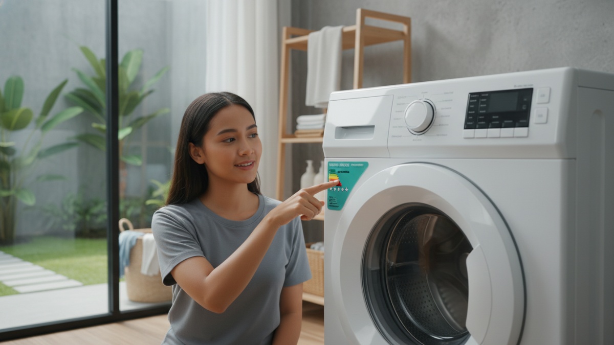 Label efisiensi energi pada mesin cuci menunjukkan rating bintang sebagai panduan memilih perangkat hemat listrik.
