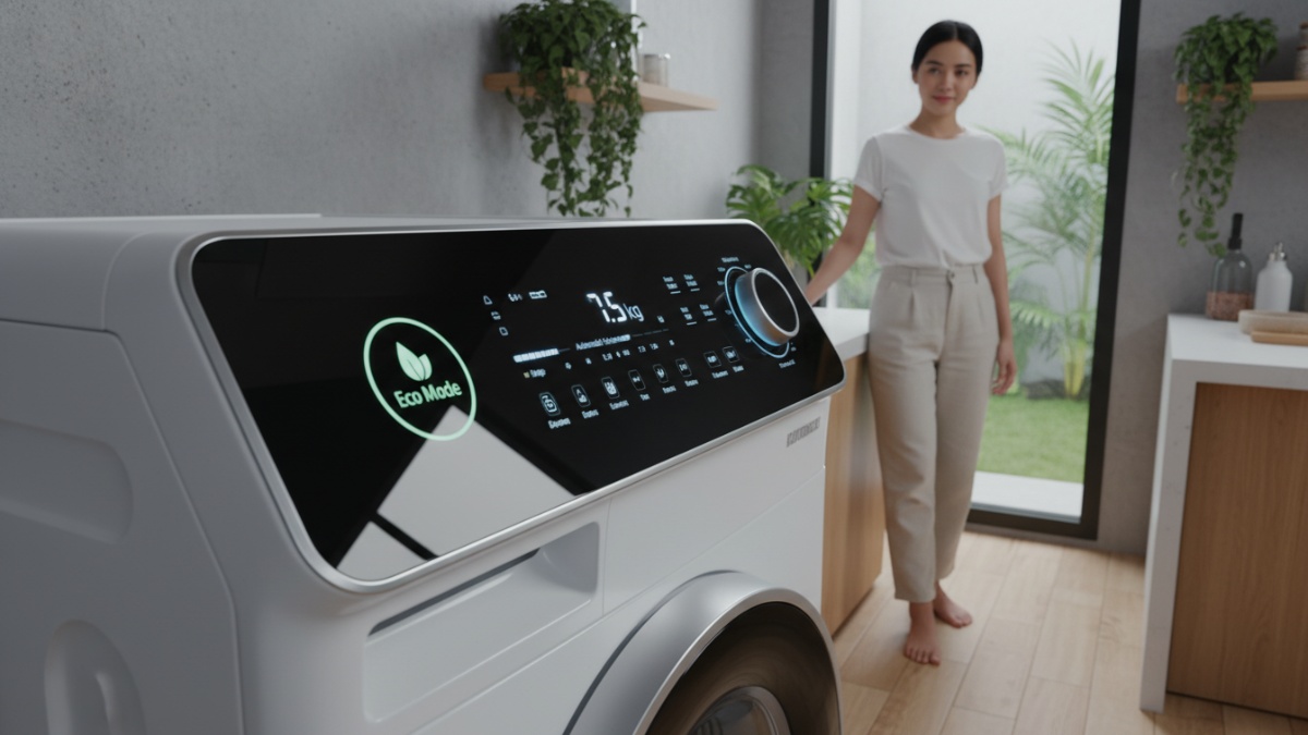 Panel kontrol mesin cuci dengan fitur Eco Mode dan sensor beban otomatis untuk efisiensi energi.