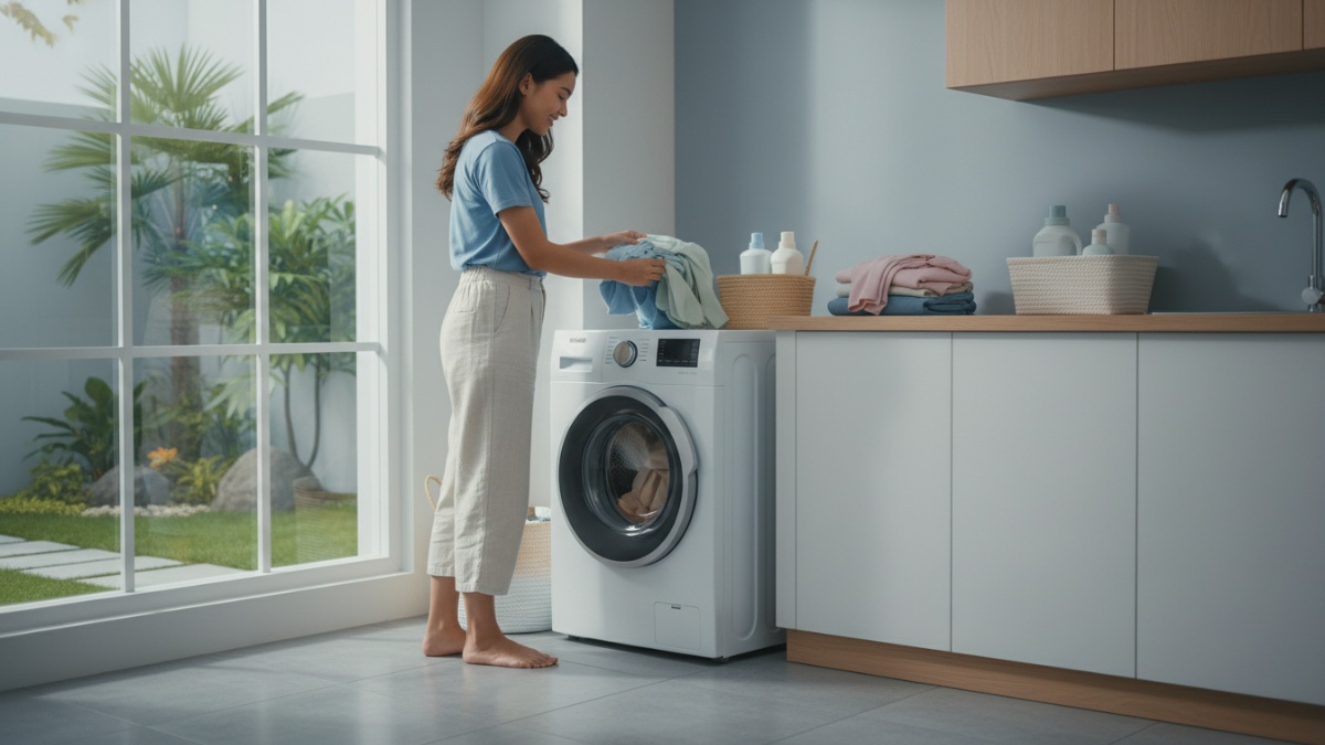 Proses mencuci menggunakan mode air dingin untuk menghemat konsumsi listrik rumah tangga.