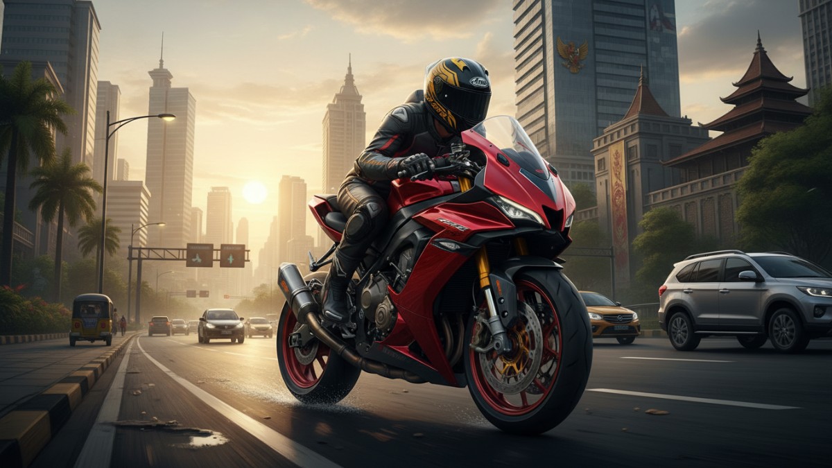 Tampilan motor sporty berperforma tinggi di jalan perkotaan.