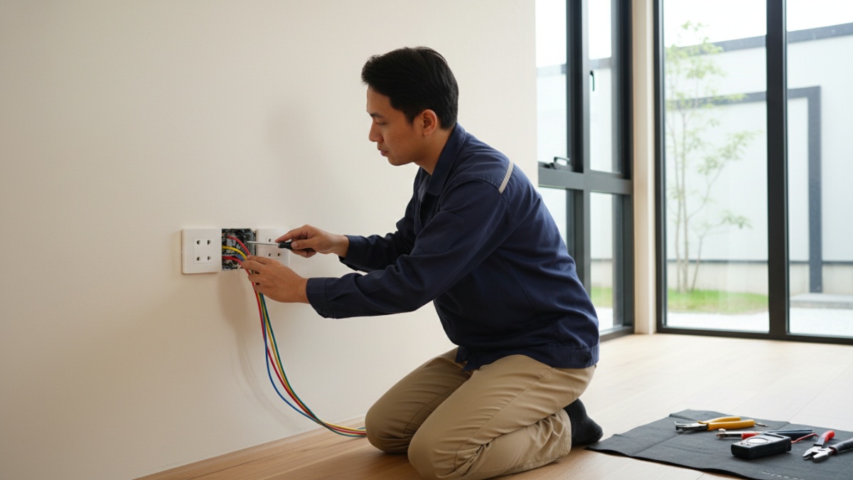 Ilustrasi teknisi memasang saklar lampu dan stop kontak dengan kabel fase, netral, dan ground terpasang rapi demi instalasi listrik rumah yang aman.