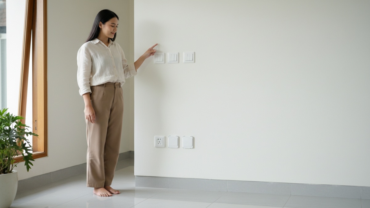 Contoh posisi saklar lampu dan stop kontak di dinding rumah dengan ketinggian sesuai standar instalasi.
