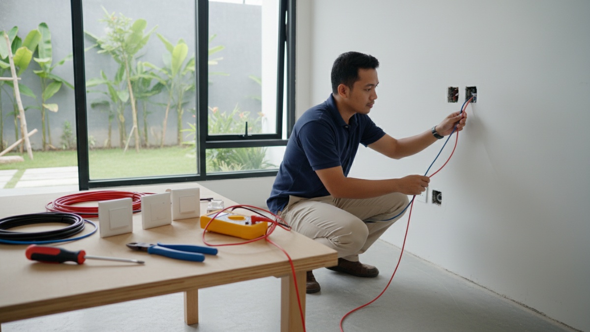 Peralatan instalasi listrik seperti obeng, tang potong, dan multimeter sebelum memasang saklar dan stop kontak.