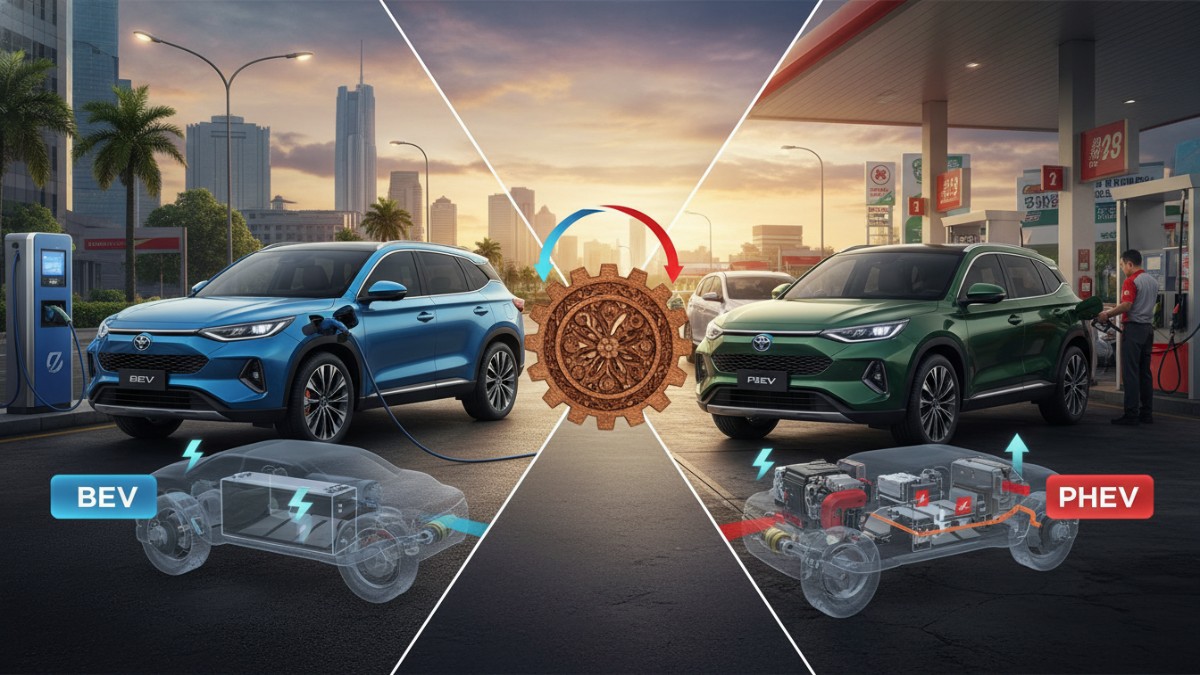 Perbandingan sistem penggerak BEV dan PHEV pada SUV keluarga.