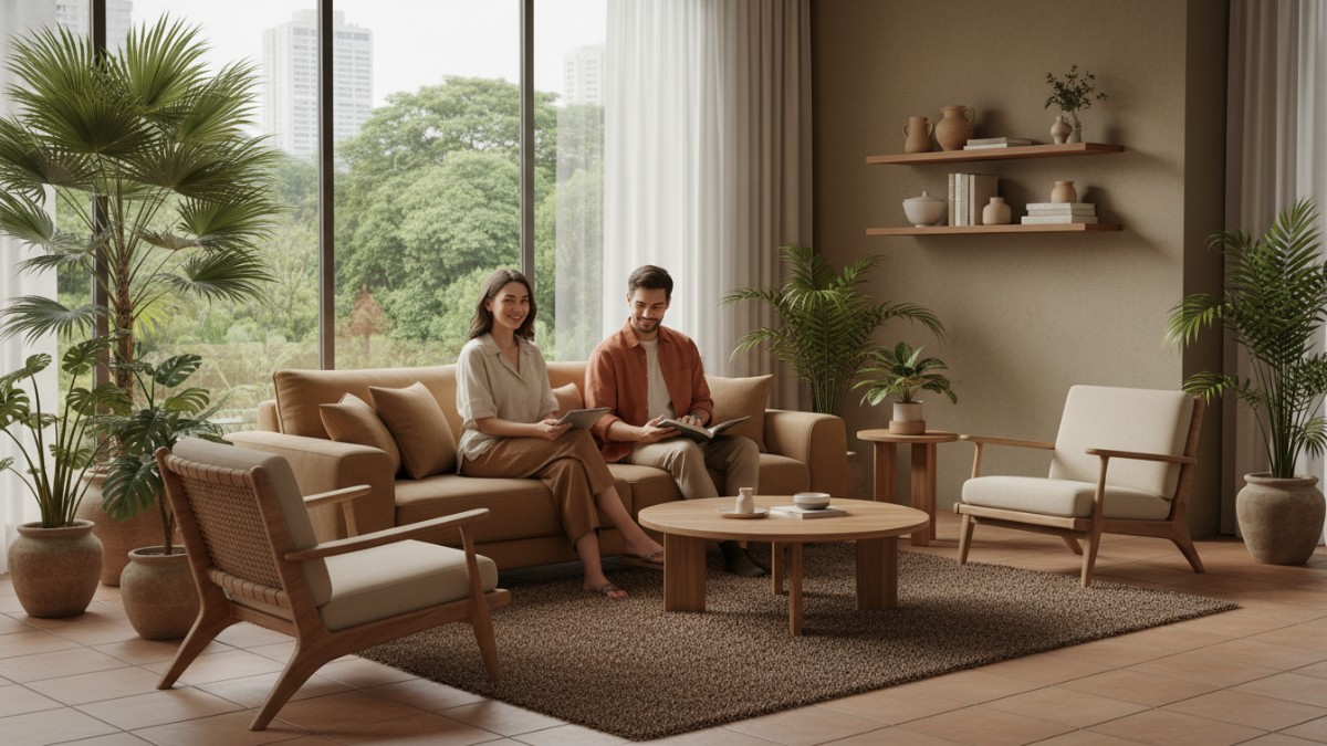 Ruang tamu 2026 dengan warna earthy, sofa ergonomis, dan tanaman indoor menciptakan suasana hangat dan fungsional.