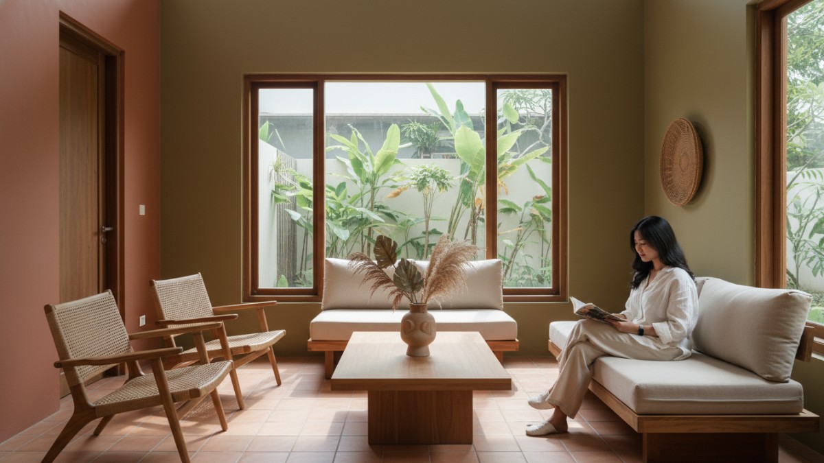 Palet warna earthy seperti terracotta dan olive pada dinding ruang tamu.