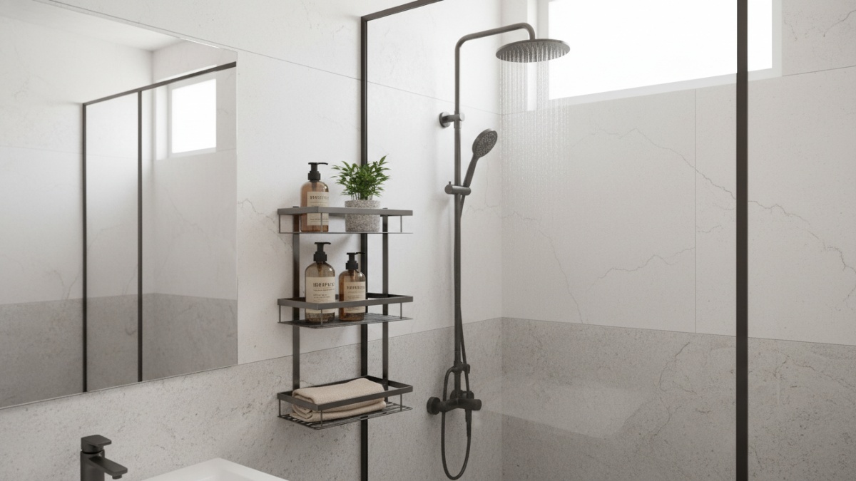 Rak baja tahan lembap terpasang presisi di kamar mandi minimalis.