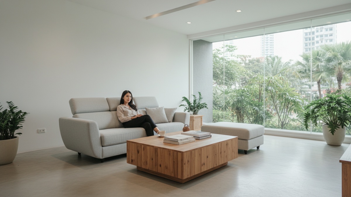 Sofa ergonomis dan ottoman multifungsi dalam ruang tamu minimalis.