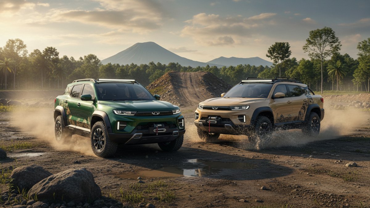 Tampilan SUV listrik Chery J6 dan J6T di arena otomotif menonjolkan desain kokoh dan karakter petualang.