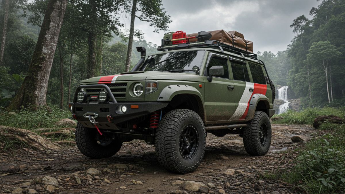 Detail bodi mengotak dan ground clearance tinggi yang menunjukkan kesiapan jelajah berbagai medan.