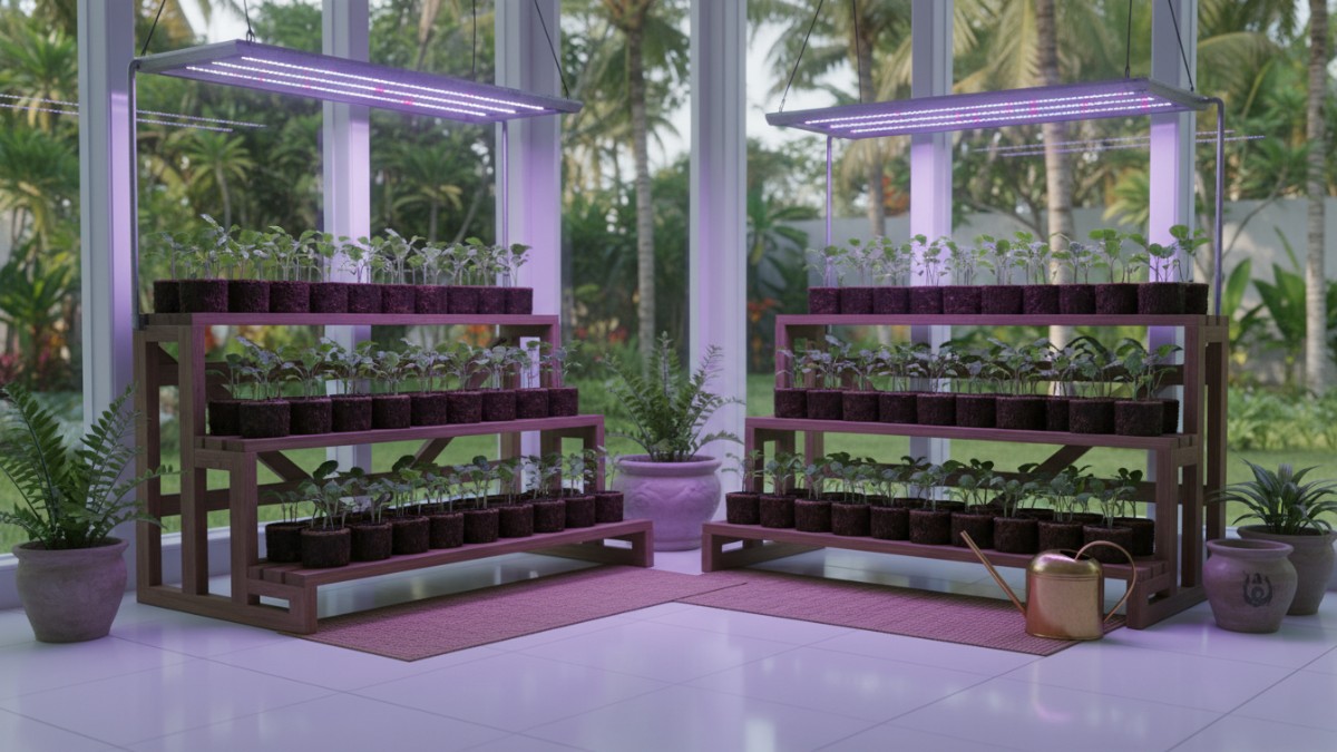 Bibit sayuran tumbuh di dalam ruangan dengan pencahayaan terkontrol, solusi kebun indoor sebelum musim semi.