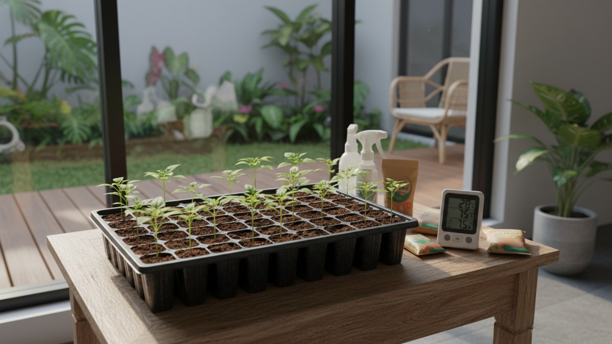 Tray semai di meja dekat jendela menunjukkan kontrol lingkungan indoor.
