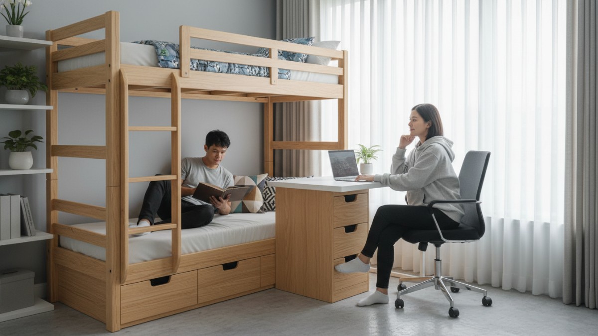 Tempat tidur tingkat dengan meja belajar terintegrasi dan laci penyimpanan